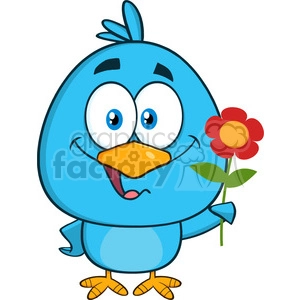8844 Royalty Free RF Clipart Illustration Happy Blue Bird Cartoon Character With A Red Daisy Flower Vector Illustration Isolated On White