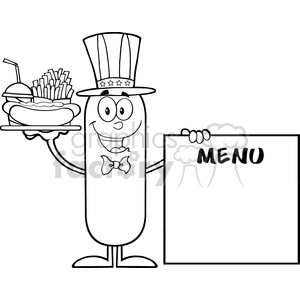 8499 Royalty Free Black And White Patriotic Sausage Cartoon Character Carrying A Hot Dog, French Fries And Cola Next To Menu Board Vector Illustration Isolated On White
