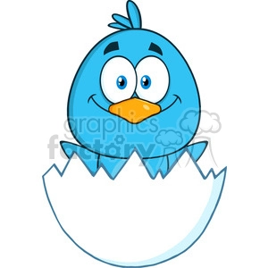 8809 Royalty Free RF Clipart Illustration Happy Blue Bird Cartoon Character Hatching From An Egg Vector Illustration Isolated On White