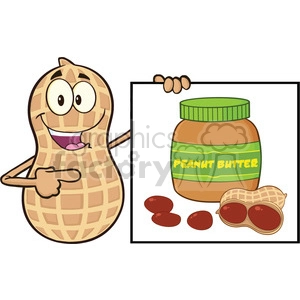 8734 Royalty Free RF Clipart Illustration Peanut Cartoon Character Showing A Banner With Peanut Butter Jar Vector Illustration Isolated On White