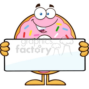 8674 Royalty Free RF Clipart Illustration Donut Cartoon Character With Sprinkles Holding a Blank Sign Vector Illustration Isolated On White