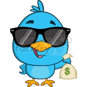 8845 Royalty Free RF Clipart Illustration Cute Blue Bird With Sunglasses Cartoon Character Holding A Bag Of Money Vector Illustration Isolated On White