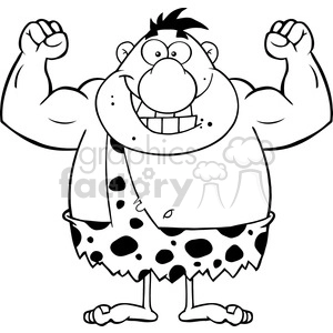 8420 Royalty Free RF Clipart Illustration Black And White Smiling Caveman Cartoon Character Flexing Vector Illustration Isolated On White