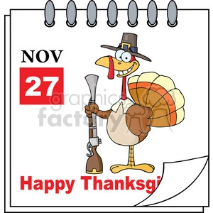 Royalty Free RF Clipart Illustration Cartoon Calendar Page Turkey With Pilgrim Hat and Musket And Happy Thanksgiving Greeting