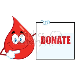 Royalty Free RF Clipart Illustration Red Blood Drop Cartoon Mascot Character Showing A Blank Sign With Text Donate