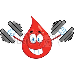Royalty Free RF Clipart Illustration Smiling Red Blood Drop Cartoon Mascot Character Training With Dumbbells