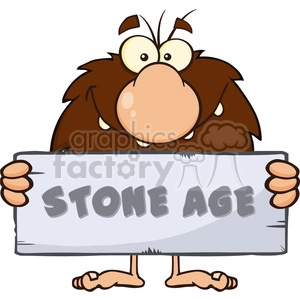 funny male caveman cartoon mascot character holding a stone sign with text stone age vector illustration