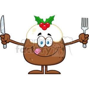 royalty free rf clipart illustration christmas pudding cartoon character licking his lips and holding silverware vector illustration isolated on white