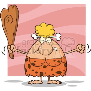 grumpy cave woman cartoon mascot character holding up a fist and a club vector illustration isolated on pink background