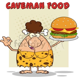 brunette cave woman cartoon mascot character holding a big burger and gesturing ok vector illustration with text caveman food