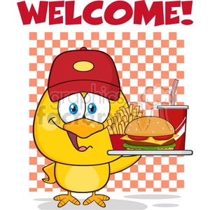royalty free rf clipart illustration yellow chick cartoon character wearing a baseball cap and holding a fast food tray under welcome vector illustration isolated on white