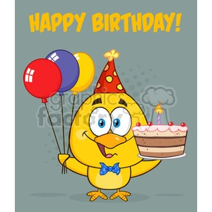 royalty free rf clipart illustration yellow chick cartoon character wearing a party hat and holding balloons and a birthday cake vector illustration greeting card