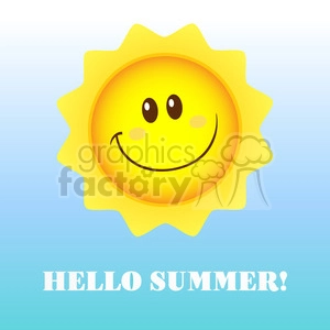 royalty free rf clipart illustration happy sun cartoon mascot character vector illustration with background and text hello summer