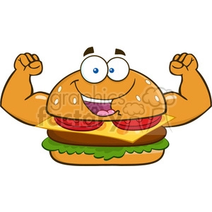 illustration funny burger cartoon mascot character flexing his muscles vector illustration isolated on white background