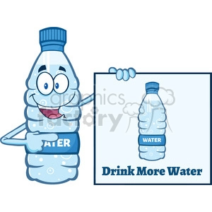 of a water plastic bottle mascot character holding and pointing to a banner with text drink more water vector illustration isolated on white background