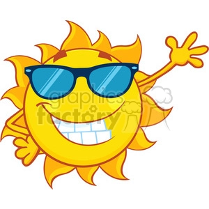 smiling sun cartoon mascot character with sunglasses waving for greeting vector illustration isolated on white background