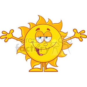 smiling loving sun cartoon mascot character with open arms for hugging vector illustration isolated on white background