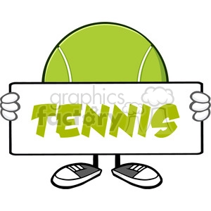 tennis ball faceless cartoon mascot character holding a blank sign vector illustration with text tennis isolated on white background