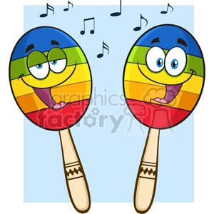 two colorful mexican maracas cartoon mascot characters singing vector illustration isolated on white background with notes