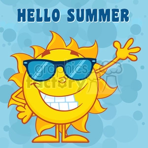 The clipart image features an anthropomorphic sun character with a cheerful expression, wearing sunglasses, and waving hello. The sun has a large grin, showing teeth, and is standing upright on two legs. Behind the character, there's a light blue background with bubble-like circles. At the top, the words HELLO SUMMER are written in bold, capitalized font, suggesting a fun and lively summer greeting.