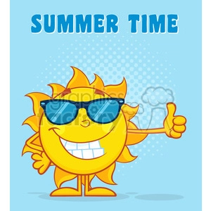 smiling sun cartoon mascot character with sunglasses giving the thumbs up vector illustration with halfone background and text summer time