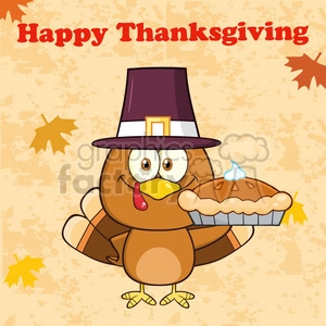 happy thanksgiving greeting with cute pilgrim turkey bird cartoon character waving vector illustration