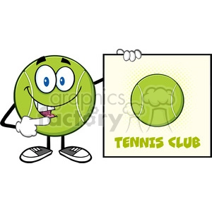 talking tennis ball cartoon mascot character pointing to a sign tennis club vector illustration isolated on white