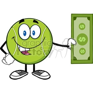 tennis ball cartoon mascot character holding a dollar bill vector illustration isolated on white