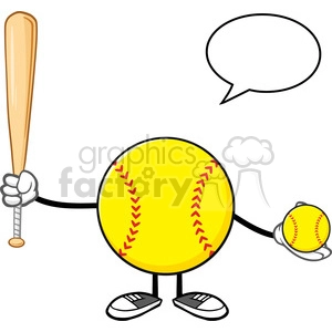 softball faceless player cartoon mascot character holding a bat and ball with speech bubble vector illustration isolated on white background