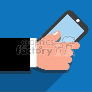 hand holding a cell phone flat design vector art blue background