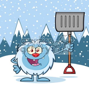 Happy Little Yeti Cartoon Mascot Character Holding Up A Winter Shovel Vector Over Snow Montains Background