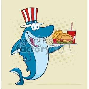 This clipart image features a cartoon shark character wearing an Uncle Sam hat, cheerfully holding a platter with a hamburger, fries, and a soda. The shark has a wide, happy smile, and the background has a simplistic dotted pattern.