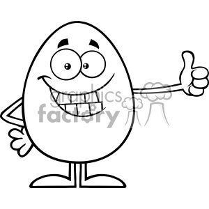 10943 Royalty Free RF Clipart Black And White Smiling Egg Cartoon Mascot Character Showing Thumbs Up Vector Illustration
