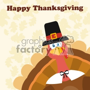 Pilgrim Turkey Bird Cartoon Mascot Character Peeking From A Corner Vector Flat Design Over Background With Autumn Leaves And Text Happy Thanksgiving