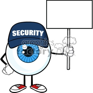 Blue Eyeball Cartoon Mascot Character Security Guard Holding Up A Blank Sign Vector