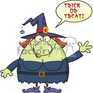 Ugly Witch Cartoon Mascot Character Waving With Speech Bubble And Text Trick Or Treat Vector