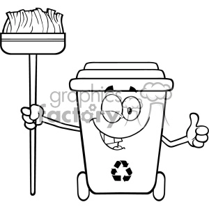 Black And White Winking Recycle Bin Cartoon Mascot Character Holding A Broom And Giving A Thumb Up Vector