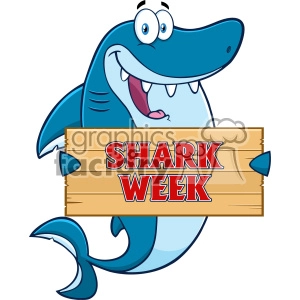 Happy Blue Shark Cartoon Holding A Wooden Sign With Text Shark Week Vector