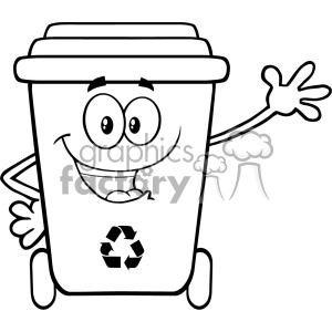 Black And White Happy Recycle Bin Cartoon Mascot Character Waving For Greeting Vector
