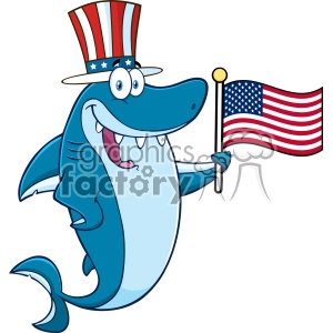 The image shows a cartoon illustration of a cheerful blue shark character dressed in an Uncle Sam-inspired outfit to celebrate a patriotic American event, such as the 4th of July. The shark is wearing a top hat with the American flag theme and holding an American flag.