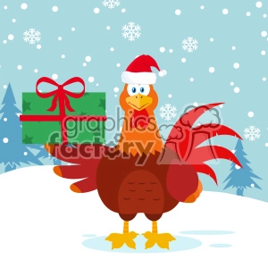 Cute Red Rooster Bird Cartoon With Santa Hat Holding Gifts Vector Flat Design With Snow Background