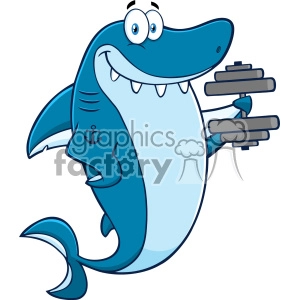 Royalty Free RF Clipart Smiling Blue Shark Cartoon  Training With Dumbbell Vector  Vector 