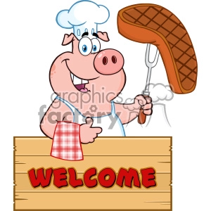 The clipart image displays a cartoon pig dressed as a chef, wearing a chef's hat and a tank top. The pig is standing behind a wooden sign that reads WELCOME in bold red letters. The pig chef is holding a large grilled steak on a fork in one hand and giving a thumbs up with the other hand, and there's a red and white checkered napkin draped over the edge of the sign.