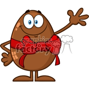 10946 Royalty Free RF Clipart Smiling Chocolate Egg Cartoon Mascot Character With A Red Ribbon And Bow Waving For Greeting Vector Illustration
