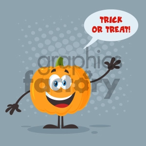 Happy Orange Pumpkin Vegetables Cartoon Emoji Character Waving For Greeting Vector Illustration Flat Design Style With Background Speech Bubble And Text Happy Halloween_1