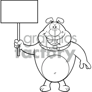 Royalty Free RF Clipart Illustration Black And White Happy Bulldog Cartoon Mascot Character Holding A Blank Sign Vector Illustration Isolated On White Background