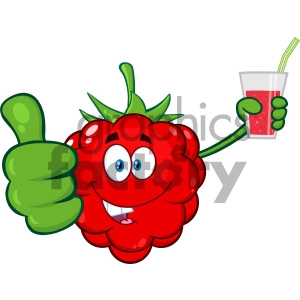 Royalty Free RF Clipart Illustration Raspberry Fruit Cartoon Mascot Character Holding Up A Glass Of Juice And Giving A Thumb Up Vector Illustration Isolated On White Background