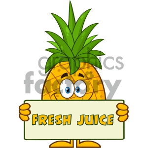 Smiling Pineapple Fruit With Green Leafs Cartoon Mascot Character Holding A Banner With Text Fresh Juice