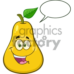 Royalty Free RF Clipart Illustration Happy Yellow Pear Fruit With Green Leaf Cartoon Mascot Character Vector Illustration Isolated On White Background With Speech Bubble
