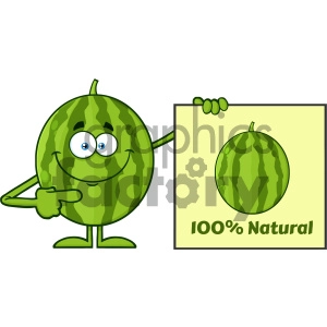 Smiling Green Watermelon Fresh Fruit Cartoon Mascot Character Presenting Pointing To A 100 Percent Natural Sign
